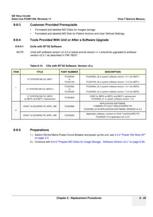 Page 643
GE HEALTHCARE
DIRECTION FC091194, REVISION 11    VIVID 7 SERVICE MANUAL 
Chapter 8 - Replacement Procedures 8 - 55
8-9-3 Customer Provided Prerequisite
• Formatted and labelled MO  Disks for Images storage
• Formatted and labelled MO Disk for Patient Archive and User Defined Settings.
8-9-4 Tools Provided Wi th Unit or After a Software Upgrade
8-9-4-1 Units with BT’02 Software
NOTE: Units with software version v2.3 .0 or below and all version v1.x should be upgraded to software 
version v2.3.1 as...