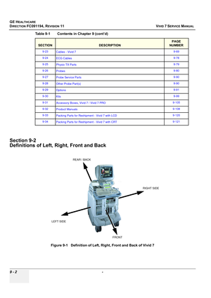 Page 698
GE HEALTHCARE
DIRECTION FC091194, REVISION 11    VIVID 7 SERVICE MANUAL 
9 - 2  - 
Section 9-2
Definitions of Left, Right, Front and Back
9-23Cables - Vivid 79-69
9-24ECG Cables9-78
9-25 Physio TX Parts 9-79
9-26 Probes 9-80
9-27 Probe Service Parts 9-90
9-28Other Probe Part(s)9-90
9-29Options9-91
9-30Kits9-99
9-31 Accessory Boxes, Vivid 7 / Vivid 7 PRO 9-105
9-32 Product Manuals 9-108
9-33 Packing Parts for Reshipment - Vivid 7 with LCD 9-120
9-34Packing Parts for Reshipment - Vivid 7 with CRT9-121...