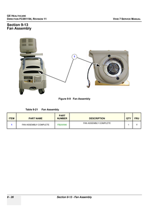 Page 722
GE HEALTHCARE
DIRECTION FC091194, REVISION 11    VIVID 7 SERVICE MANUAL 
9 - 26 Section 9-13 - Fan Assembly
Section 9-13
Fan Assembly
Figure 9-9   Fan Assembly
Table 9-21    Fan Assembly 
ITEMPART NAME
PART 
NUMBER
DESCRIPTIONQTYFRU
1 FAN ASSEMBLY COMPLETE FB200580FAN ASSEMBLY COMPLETE
1Y
1 