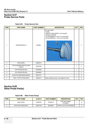 Page 786
GE HEALTHCARE
DIRECTION FC091194, REVISION 11    VIVID 7 SERVICE MANUAL 
9 - 90 Section 9-27 - Probe Service Parts
Section 9-27
Probe Service Parts
Section 9-28
Other Probe Part(s)
Table 9-65    Probe Service Part
ITEMPART NAMEPART NUMBERDESCRIPTIONQTYFRU
1 KNOB REPAIR KIT 2363861 KIT INCLUDES:
- KNOB
- INSTRUCTION SHEET (not illustrated)
- M2X8mm SCREW
- ALLEN WRENCH, 2.5mm (not illustrated)
- ALLEN WRENCH, 1.5mm (not illustrated)
1Y
2 BITEGUARD 086A0010 1 Y
3 TEE SCANHEAD PROTECTION 
COVER KZ307808 1...