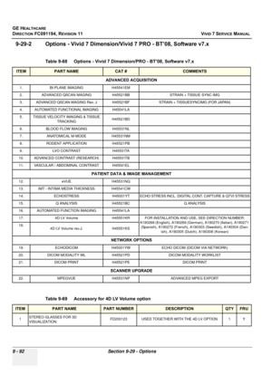 Page 788
GE HEALTHCARE
DIRECTION FC091194, REVISION 11    VIVID 7 SERVICE MANUAL 
9 - 92 Section 9-29 - Options
9-29-2 Options - Vivid 7 Dimension/Vi vid 7 PRO - BT’08, Software v7.x
Table 9-68    Options - Vivid 7 Dimension/PRO - BT’08, Software v7.x   
ITEMPART NAMECAT #COMMENTS
ADVANCED ACQUISITION
1. BI-PLANE IMAGING H45541EM
2. ADVANCED QSCAN MAGING H45521BB STRAIN + TISSUE SYNC IMG
3.ADVANCED QSCAN MAGING Rev. JH45521BFSTRAIN + TISSUESYNCIMG (FOR JAPAN)
4.AUTOMATED FUNCTIONAL IMAGINGH45541LA
5.TISSUE...