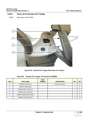 Page 799
GE HEALTHCARE
DIRECTION FC091194, REVISION 11    VIVID 7 SERVICE MANUAL 
Chapter 9 - Renewal Parts 9 - 103
9-30-4 Parts List for Bumper Kit, Frogleg
NOTE: Not used on Vivid 7 PRO.
 
Figure 9-35   Bumper Kit, Frogleg, Base Seen From Above
Table 9-83    Bumper Kit, Frogleg - Part Number FC200086
ITEMPART NAME
PART 
NUMBER
DESCRIPTIONQTYFRU
1 BUMPER CRASH PAD - Bumper Crash Rear 1 N
2 BUMPER INNER BOSS  - - 1 N
3 BUMPER RIGHT FROGLEG  - - 1 N
4BUMPER LEFT FROGLEG --1N
5BUMPER INNER BOSS CRASH --1N
BUMPER...