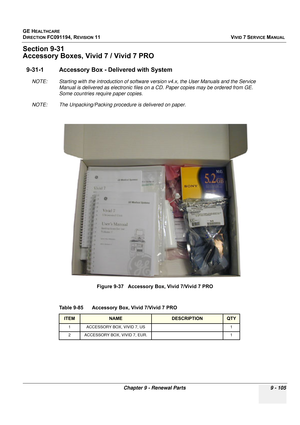 Page 801
GE HEALTHCARE
DIRECTION FC091194, REVISION 11    VIVID 7 SERVICE MANUAL 
Chapter 9 - Renewal Parts 9 - 105
Section 9-31
Accessory Boxes, Vivid 7 / Vivid 7 PRO
9-31-1 Accessory Box - Delivered with System
NOTE: Starting with the introduction of software  version v4.x, the User Manuals and the Service 
Manual is delivered as electronic files on  a CD. Paper copies may be ordered from GE. 
Some countries require paper copies.
NOTE: The Unpacking/Packing procedure is delivered on paper. 
Figure 9-37...