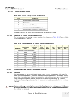 Page 835
GE HEALTHCARE
DIRECTION FC091194, REVISION 11    VIVID 7 SERVICE MANUAL 
Chapter 10 - Care & Maintenance 10 - 17
10-7-5-2      Generic Procedure (cont’d)
.
8.) Keep a record of the results with other  hard copies of PM data kept on site.
10-7-5-3 Data Sheet for Chassis Source Leakage Current The test passes when all readings measure less than the value shown in  Table 10-12. Record all data 
on the PM Inspection Certificate.
10-7-6Isolated Patient Lead (Source) Leakage–Lead to Ground
10-7-6-1 Definition...