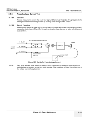 Page 839
GE HEALTHCARE
DIRECTION FC091194, REVISION 11    VIVID 7 SERVICE MANUAL 
Chapter 10 - Care & Maintenance 10 - 21
10-7-9 Probe Leakage Current Test
10-7-9-1 Definition This test measures the current that would flow to  ground from any of the probes through a patient who 
is being scanned and becomes grounded by  touching some other grounded surface.
10-7-9-2 Generic Procedure Measurements should be made with the ground open and closed, with power line polarity normal and 
reversed, and with the unit Off...