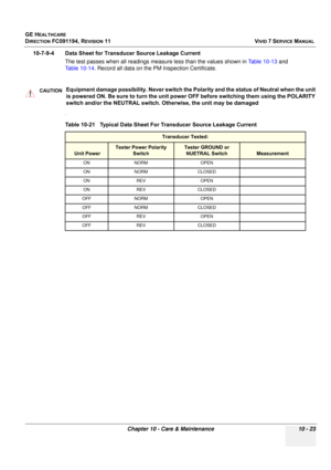 Page 841
GE HEALTHCARE
DIRECTION FC091194, REVISION 11    VIVID 7 SERVICE MANUAL 
Chapter 10 - Care & Maintenance 10 - 23
10-7-9-4 Data Sheet for Transducer Source Leakage Current The test passes when all readings  measure less than the values shown in  Table 10-13 and 
Table 10-14 . Record all data on the PM Inspection Certificate.
. 
CAUTIONEquipment damage possibility. Never switch the Polarity and the status of Neutral when the unit 
is powered ON. Be sure to turn the unit power  OFF before switching them...