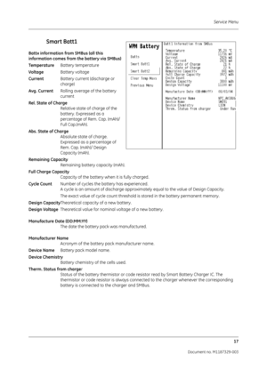 Page 105Service Menu17
Document no. M1187329-003
Smart Batt1
Battx information from SMBus (all this 
information comes from the battery via SMBus)
Temperature Battery temperature
Voltage  Battery voltage
Current  Battery current (discharge or 
charge)
Avg. Current Rolling average of the battery 
current
Rel. State of Charge Relative state of charge of the 
battery. Expressed as a 
percentage of Rem. Cap. (mAh)/ 
Full Cap.(mAh).
Abs. State of Charge        
Absolute state of charge. 
Expressed as a percentage of...