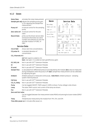 Page 112Datex-Ohmeda S/5 FM
24
Document no. M1187329-003
4.1.2 Gases
      
Noise Measactivates the noise measurement.
Sample gain adj adjusts the sampling pump gain,  i.e. for adjusting the sample flow 
measurement.
Pump ctrl A manual control for the sampling 
pump.
Zero valve ctrl A manual control for the zero 
valve.
Record Data prints out the shown service data 
and board information (id. serial 
number and software id.) onto the 
recorder module, N-FCREC, N-
FREC.
Service Data
CO2% field  shows real-time...