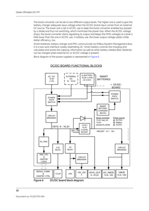 Page 152Datex-Ohmeda S/5 FM
10
Document no. M1187335-004
The boost converter can be set to two different output levels. The higher one is used to give the 
battery charger adequate input voltage when the DC/DC board input comes from an external 
DC source. The lower one is set in AC/DC use to keep the boost converter enabled but passed 
by a diode and thus not switching, which minimizes the power loss. When the AC/DC voltage 
drops, the boost converter starts regulating its output and keeps the MOD voltages at a...