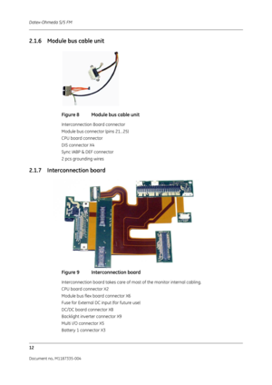 Page 154Datex-Ohmeda S/5 FM
12
Document no. M1187335-004
2.1.6 Module bus cable unit
Figure 8 Module bus cable unit
Interconnection Board connector 
Module bus connector (pins 21…25)
CPU board connector
DIS connector X4
Sync IABP & DEF connector 
2 pcs grounding wires 
2.1.7 Interconnection board
 
Figure 9 Interconnection board
Interconnection board takes care of most of the monitor internal cabling.
CPU board connector X2
Module bus flex board connector X6
Fuse for External DC input (for future use)
DC/DC...