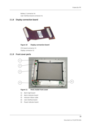 Page 155Frame for FM 13
Document no. M1187335-004
Battery 2 connector X4
User interface board connector X1
2.1.8 Display connection board
Figure 10 Display connection board
CPU board connector X1
Display connector X2
2.1.9 Front cover parts
Figure 11 Parts inside Front cover 
(1)  Alarm light board
(2)  Alarm indicator board
(3)  Indicator ribbon cable
(4)  User interface board
(5)  Power indicator board
5
1
2
3
4 