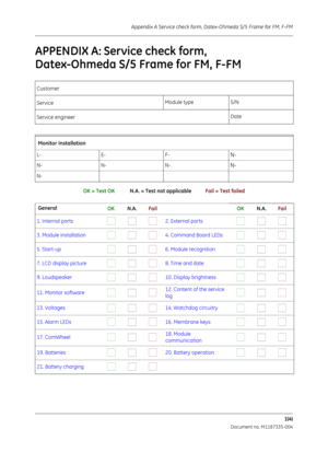 Page 197Appendix A Service check form, Datex-Ohmeda S/5 Frame for FM, F-FM
1(4)
                           Document no. M1187335-004
APPENDIX A: Service check form, 
Datex-Ohmeda S/5 Frame for FM, F-FM 
OK = Test OK            N.A. = Test not applicable            Fail = Test failed
Customer
 
Service Module type
S/N
Service engineer
 Date
 Monitor Installation
 
L- E- F-N-
N-N-N-N-
N-
 General
     OK           N.A.          Fail      OK           N.A.          Fail
1. Internal parts...