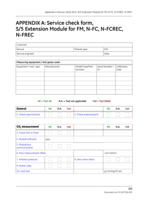 Page 303Appendix A Service check form, S/5 Extension Module for FM, N-FC, N-FCREC, N-FREC
1(2)
                           Document no. M1187338-003
APPENDIX A: Service check form, 
S/5 Extension Module for FM, N-FC, N-FCREC, 
N-FREC
OK = Test OK            N.A. = Test not applicable            Fail = Test failed
Customer
Service Module type S/N
Service engineer Date
Measuring equipment / test gases used:
Equipment / tool / gas:  Manufacturer: Model/Type/Part 
Number:Serial Number / 
ID:Calibration 
Date:
General...