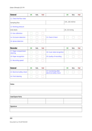 Page 304Datex-Ohmeda S/5 FM
2(2)
Document no. M1187338-003
11. Check the flow rates  
Sampling flow  135...165 ml/min
12. Working pressure  
 
Amb-Work 20...50 mmHg
13. Gas calibration                            
14. Occlusion detection                             15. Check D-fend
                           
16. Apnea detection                                 
Recorder  
   OK           N.A.          Fail      OK           N.A.          Fail
17. Paper compartment 
cleaning                             18. Cover...