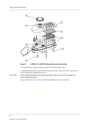 Page 316Datex-Ohmeda E-Modules
8
Document no. M1187342-004
Figure 2 K-REMCO, K-CREMCO disassembly and reassembly
To reassemble the module, reverse the order of the disassembly steps.
In reassembly, remember to put the reinforcing cord of the cable around the screw on the 
metal bridge before tightening the screw.
CAUTION When reassembling the remote controller make sure that the cables are 
reconnected properly.
Always perform the  “Service check” after reassembling the remote controller. 