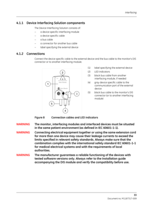 Page 41Interfacing33
Document no. M1187317-009
4.1.1 Device Interfacing Solution components
The Device Interfacing Solution consists of:
a device specific interfacing module
 a device specific cable
 a bus cable
 a connector for another bus cable
 label specifying the external device
4.1.2 Connections
Connect the device specific cable to the external  device and the bus cable to the monitors DIS 
connector or to another interfacing module. 
Figure 8 Connection cables and LED indicators
WARNING The monitor,...