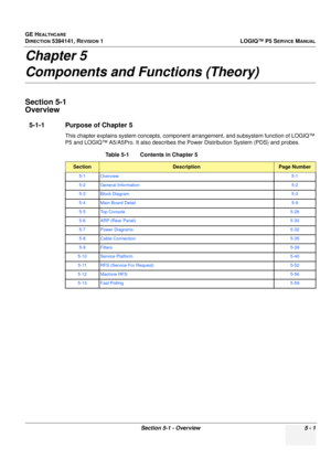 Page 143GE HEALTHCARE
DIRECTION 5394141, REVISION 1LOGIQ™ P5 SERVICE MANUAL
Section 5-1 - Overview 5 - 1
Chapter 5
Components and Functions (Theory)
Section 5-1
Overview
5-1-1 Purpose of Chapter 5
This chapter explains system concepts, component arrangement, and subsystem function of LOGIQ™ 
P5 and LOGIQ™ A5/A5Pro. It also describes th e Power Distribution System (PDS) and probes. 
Table 5-1    Contents in Chapter 5
SectionDescriptionPage Number
5-1 Overview 5-1
5-2 General Information 5-2
5-3 Block Diagram 5-3...