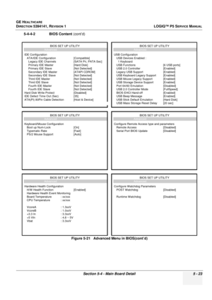 Page 165GE HEALTHCARE
DIRECTION 5394141, REVISION 1LOGIQ™ P5 SERVICE MANUAL
Section 5-4 - Main Board Detail 5 - 23
5-4-4-2              BIOS Content (cont’d)
Figure 5-21   Advanced Menu in BIOS(cont’d)
Advanced Advanced
IDE Configuration USB Configuration
   ATA/IDE Configuration [Compatible]  USB Devices Enabled :
Legacy IDE Channels [SATA Pri, PATA Sec]1 Keyboard
Primary IDE Master [Hard Disk]  USB Functions [6 USB ports]
Primary IDE Slave [Not Detected]  USB 2.0 Controller [Enabled]
Secondary IDE Master...