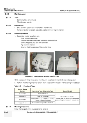 Page 258GE HEALTHCARE
DIRECTION 5394141, REVISION  1 LOGIQ™ P5 SERVICE MANUAL  
8 - 12 Section 8-2 - DISASSEMBLY/RE-ASSEMBLY
8-2-5 Monitor Assy
8-2-5-1 Tools • Common pilIips screwdrivers
• Allen/Unbraco wrench
8-2-5-2 Preparations • Shut down the system and switch off the main breaker.
• Maneuver control console to a suitable position for removing the monitor.
8-2-5-3 Removal procedure 1.) Detach the monitor assy from arm. - Open monitor cable cover
- Unscrew a screw of the power connector fixture bracket
-...