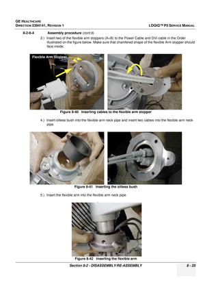 Page 271GE HEALTHCARE
DIRECTION 5394141, REVISION  1LOGIQ™ P5 SERVICE MANUAL 
Section 8-2 - DISASSEMBLY/RE-ASSEMBLY 8 - 25
8-2-6-4              Assembly procedure  (cont’d)
3.) Insert two of the flexible arm stoppers (A+B ) to the Power Cable and DVI cable in the Order 
illustrated on the figure be low. Make sure that chamfered shape of the flex ible Arm stopper should 
face inside.
4.) Insert oilless bush into the flexible arm neck pipe  and insert two cables into the flexible arm neck 
pipe.
5.) Insert the...