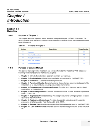 Page 29GE HEALTHCARE
DIRECTION 5394141, REVISION 1LOGIQ™ P5 SEVICE MANUAL
Section 1-1 - Overview 1-1
Chapter 1
Introduction
Section 1-1
Overview
1-1-1 Purpose of Chapter 1
This chapter describes important issues related to safely servicing the LOGIQ™ P5 scanner. The 
service provider must read and unde rstand all the information presented in this manual before  installing 
or servicing a unit.
1-1-2 Purpose of Service Manual
This Service Manual provides installation and  service information for the LOGIQ™ P5...