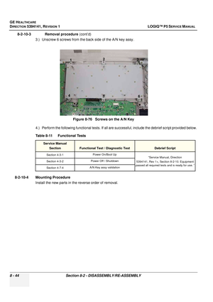 Page 290GE HEALTHCARE
DIRECTION 5394141, REVISION  1 LOGIQ™ P5 SERVICE MANUAL  
8 - 44 Section 8-2 - DISASSEMBLY/RE-ASSEMBLY
8-2-10-3              Removal procedure  (cont’d)
3.) Unscrew 6 screws from the  back side of the A/N key assy.
4.) Perform the following functional tests. If all are successful, include the debrief script provided below.
8-2-10-4 Mounting Procedure Install the new parts in the reverse order of removal. Figure 8-76   Screws on the A/N Key
Table 8-11    Functional Tests
Service Manual...