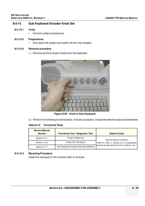 Page 295GE HEALTHCARE
DIRECTION 5394141, REVISION  1LOGIQ™ P5 SERVICE MANUAL 
Section 8-2 - DISASSEMBLY/RE-ASSEMBLY 8 - 49
8-2-13 Sub Keyboard Encoder Knob Set
8-2-13-1 Tools • Common pilIips screwdrivers
8-2-13-2 Preparations • Shut down the system and switch off the main breaker.
8-2-13-3 Removal procedure 1.) Remove all the Encoder Knobs from the keyboard.
2.) Perform the following functional tests. If all ar e successful, include the debrief script provided below.
8-2-13-4 Mounting Procedure Install the new...