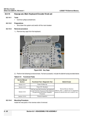 Page 296GE HEALTHCARE
DIRECTION 5394141, REVISION  1 LOGIQ™ P5 SERVICE MANUAL  
8 - 50 Section 8-2 - DISASSEMBLY/RE-ASSEMBLY
8-2-14 Keycap set, Main  Keyboard Encoder Knob set
8-2-14-1 Tools
• Common pilIips screwdrivers
8-2-14-2 Preparations • Shut down the system and switch off the main breaker.
8-2-14-3 Removal procedure 1.) Remove key caps from the keyboard.
2.) Perform the following functional tests. If all are successful, include the debrief script provided below.
8-2-14-4 Mounting Procedure Install the...