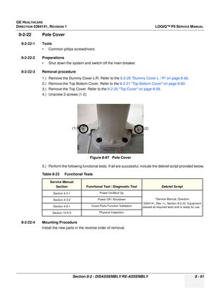 Page 307GE HEALTHCARE
DIRECTION 5394141, REVISION  1LOGIQ™ P5 SERVICE MANUAL 
Section 8-2 - DISASSEMBLY/RE-ASSEMBLY 8 - 61
8-2-22 Pole Cover 
8-2-22-1 Tools • Common pilIips screwdrivers
8-2-22-2 Preparations • Shut down the system and switch off the main breaker.
8-2-22-3 Removal procedure 1.) Remove the Dummy Cover L/R. Refer to the  8-2-25 Dummy Cover L / R on page 8-66.
2.) Remove the Top Bottom Cover. Refer to the  8-2-21 Top Bottom Cover on page 8-60.
3.) Remove the Top Cover. Refer to the  8-2-20 Top...