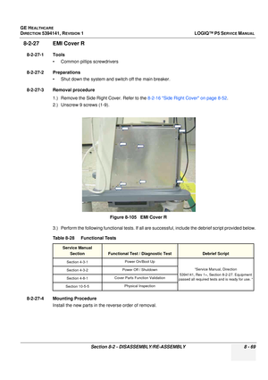 Page 315GE HEALTHCARE
DIRECTION 5394141, REVISION  1LOGIQ™ P5 SERVICE MANUAL 
Section 8-2 - DISASSEMBLY/RE-ASSEMBLY 8 - 69
8-2-27 EMI Cover R
8-2-27-1 Tools • Common pilIips screwdrivers
8-2-27-2 Preparations • Shut down the system and switch off the main breaker.
8-2-27-3 Removal procedure 1.) Remove the Side Right Cover. Refer to the  8-2-16 Side Right Cover on page 8-52.
2.) Unscrew 9 screws (1-9).
3.) Perform the following functional tests. If all ar e successful, include the debrief script provided below....