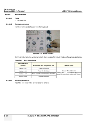 Page 340GE HEALTHCARE
DIRECTION 5394141, REVISION  1 LOGIQ™ P5 SERVICE MANUAL  
8 - 94 Section 8-2 - DISASSEMBLY/RE-ASSEMBLY
8-2-40 Probe Holder
8-2-40-1 Tools • No need tool
8-2-40-2 Removal procedure 1.) Remove the probe holders from the Keyboard.
2.) Perform the following functional tests. If all are successful, include the debrief script provided below.
8-2-40-3 Mounting Procedure Install the new parts in the reverse order of removal. Figure 8-130   Probe Holders
Table 8-41    Functional Tests
Service Manual...