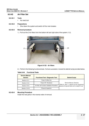 Page 343GE HEALTHCARE
DIRECTION 5394141, REVISION  1LOGIQ™ P5 SERVICE MANUAL 
Section 8-2 - DISASSEMBLY/RE-ASSEMBLY 8 - 97
8-2-43 Air Filter Set
8-2-43-1 Tools • No need tool
8-2-43-2 Preparations • Shut down the system and switch off the main breaker.
8-2-43-3 Removal procedure 1.) Pull out the 2 Air filters from the bottom  left and right side of the system (1-2).
2.) Perform the following functional tests. If all ar e successful, include the debrief script provided below.
8-2-43-4 Mounting Procedure Install...