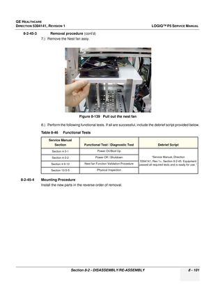 Page 347GE HEALTHCARE
DIRECTION 5394141, REVISION  1LOGIQ™ P5 SERVICE MANUAL 
Section 8-2 - DISASSEMBLY/RE-ASSEMBLY 8 - 101
8-2-45-3              Removal procedure  (cont’d)
7.) Remove the Nest fan assy.
8.) Perform the following functional tests. If all ar e successful, include the debrief script provided below.
8-2-45-4 Mounting Procedure Install the new parts in the reverse order of removal. Figure 8-139   Pull out the nest fan
Table 8-46    Functional Tests
Service Manual Section
Functional Test / Diagnostic...