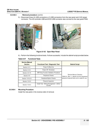 Page 349GE HEALTHCARE
DIRECTION 5394141, REVISION  1LOGIQ™ P5 SERVICE MANUAL 
Section 8-2 - DISASSEMBLY/RE-ASSEMBLY 8 - 103
8-2-46-3              Removal procedure  (cont’d)
5.) Disconnect three (3) USB connectors or 5 USB  connectors from the rear panel and 2 AC power 
connector. The 4D controller USB and ECG USB co nnector also connect to this rear panel PWA.
6.) Perform the following functional tests. If all ar e successful, include the debrief script provided below.
8-2-46-4 Mounting Procedure Install the...