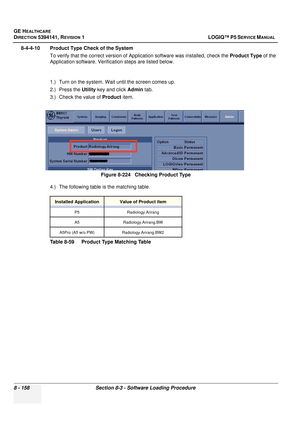 Page 404GE HEALTHCARE
DIRECTION 5394141, REVISION  1 LOGIQ™ P5 SERVICE MANUAL  
8 - 158 Section 8-3 - Software Loading Procedure
8-4-4-10 Product Type Check of the System To verify that the correct version of Ap plication software was installed, check the Product Type of the 
Application software. Verifica tion steps are listed below.
1.) Turn on the system. Wait until the screen comes up.
2.) Press the  Utility key and click  Admin tab.
3.) Check the value of  Product item.
4.) The following table is the...