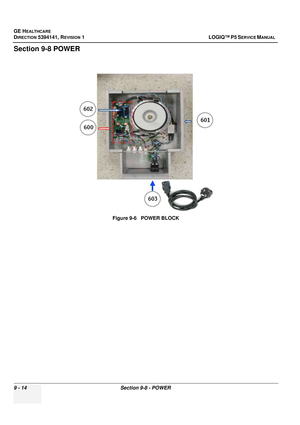 Page 478GE HEALTHCARE
DIRECTION 5394141, REVISION  1LOGIQ™ P5 SERVICE MANUAL  
9 - 14 Section 9-8 - POWER
Section 9-8 POWER
Figure 9-6   POWER BLOCK 