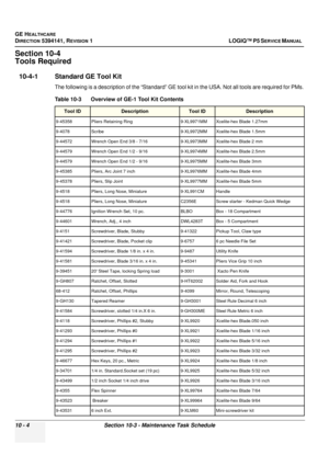 Page 492GE HEALTHCARE
DIRECTION 5394141, REVISION  1LOGIQ™ P5 SERVICE MANUAL  
10 - 4 Section 10-3 - Maintenance Task Schedule
Section 10-4 
Tools Required
10-4-1 Standard GE Tool Kit
The following is a description of the “Standard” GE tool  kit in the USA. Not all tools are required for PMs.
Table 10-3     Overview of GE-1 Tool Kit Contents 
Tool IDDescriptionTool IDDescription
9-45358 Pliers Retaining Ring 9-XL9971MM Xcelite-hex Blade 1.27mm
9-4078 Scribe 9-XL9972MM Xcelite-hex Blade 1.5mm
9-44572 Wrench Open...