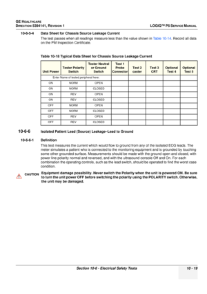 Page 507GE HEALTHCARE
DIRECTION 5394141, REVISION  1LOGIQ™ P5 SERVICE MANUAL 
Section 10-6 - Electrical Safety Tests 10 - 19
10-6-5-4 Data Sheet for Chassis Source Leakage Current The test passes when all readings measure less than the value shown in  Table 10-14. Record all data 
on the PM Inspection Certificate.
10-6-6Isolated Patient Lead (Source) Leakage–Lead to Ground
10-6-6-1 Definition This test measures the current which would flow  to ground from any of the isolated ECG leads. The 
meter simulates a...