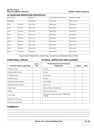 Page 517GE HEALTHCARE
DIRECTION 5394141, REVISION  1LOGIQ™ P5 SERVICE MANUAL 
Section 10-6 - Electrical Safety Tests 10 - 29
ULTRASOUND INSPECTION CERTIFICATE  
* Scan Format: Phased Array, Linear Array,  Curved Array, Mechanical Array or Other
FUNCTIONAL CHECKSPHYSICAL INSPECTION AND CLEANING 
COMMENTS: 
______________________________________________________________________________
______________________________________________________________________________...