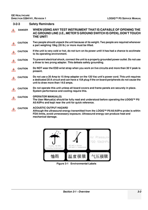 Page 63GE HEALTHCARE
DIRECTION 5394141, REVISION 1 LOGIQ™ P5 SERVICE MANUAL
Section 3-1 - Overview 3-3
3-2-3 Safety Reminders
DANGERWHEN USING ANY TEST INSTRUMENT THAT IS CAPABLE OF OPENING THE 
AC GROUND LINE (I.E., METER’S GROU N D  S W I T C H  I S  OPEN), DON’T TOUCH 
THE UNIT!
CAUTIONTwo people should unpack the unit because of  its weight. Two people are required whenever 
a part weighing 19kg (35 lb.)  or more must be lifted.
CAUTIONIf the unit is very cold or hot, do not turn on its power until it has...