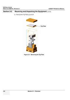 Page 66GE HEALTHCARE
DIRECTION 5394141, REVISION  1 LOGIQ™ P5 SERVICE MANUAL 
3-6 Section 3-1 - Overview
Section 3-3      Receiving and Unpacking the Equipment (cont’d)
3.) Remove the Top Plate up and off..
Figure 3-4   Removing the Top Plate
Top Plate 