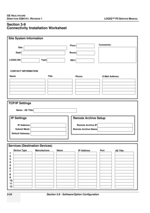 Page 84GE HEALTHCARE
DIRECTION 5394141, REVISION  1 LOGIQ™ P5 SERVICE MANUAL 
3-24 Section 3-8 - Software/Option Configuration
Section 3-9
Connectivity Installation Worksheet
Site System Information
Services (Destination Devices) TCP/IP Settings
Device Type
Manufacturer
Name
IP Address Port
AE Title
1
2
3
4
5
6
7
8
9
10
11
12
Name - AE Title:
Dept:
LOGIQ SN:Type:
Floor:
Room:
REV:
Comments:
CONTACT INFORMATION
Name Title
PhoneE-Mail Address
Site:
IP Settings
IP Address:
Subnet Mask:
Default Gateway:
Remote...