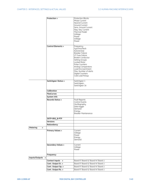 Page 105CHAPTER 3:  INTERFACES, SETTINGS & ACTUAL VALUES 3.2 HUMAN-MACHINE INTERFACE (HMI)
GEK-113000-AF F650 DIGITAL BAY CONTROLLER 3-43
Protection >Protection Blocks
Phase Current
Neutral Current
Ground Current
Sens. Ground Current
Neg. Seq. Current
Thermal Model
Voltage
Power
Voltage
Power
Control Elements > Frequency
Synchrocheck 
Autoreclose
Breaker Failure
VT Fuse Failure 
Broken Conductor
Setting Groups
Locked Rotor
Pulse Counters
Analog Comparators
Load Encroachment
Max. Number of starts
Digital...