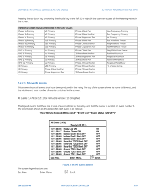 Page 121CHAPTER 3:  INTERFACES, SETTINGS & ACTUAL VALUES 3.2 HUMAN-MACHINE INTERFACE (HMI)
GEK-113000-AF F650 DIGITAL BAY CONTROLLER 3-59
Pressing the up-down key or rotating the shuttle key to the left (L) or right (R) the user can access all the Metering values in 
the screen. 
3.2.7.3  All events screen
This screen shows all events that have been produced in the relay. The top of the screen shows its name (All Events), and 
the relative and total number of events contained in the screen.
All Events (1/479) or...