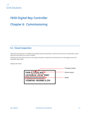 Page 169GEK-113000-AFF650 DIGITAL BAY CONTROLLER 6-1
F650 Digital Bay Controller
Chapter 6:  Commissioning
GE
Grid Solutions
COMMISSIONING
6.1  Visual inspection
Verify that the relay has not suffered any damage during transportation, and that all screws are correctly fixed, and all 
relay terminal boards are in good condition.
Verify that the information shown on the relay front plate corresponds to the data shown on the display, and to the 
requested relay model.
Display information:
Firmware version 
Kernel...