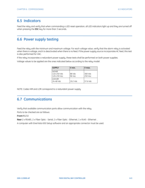 Page 173CHAPTER 6:  COMMISSIONING6.5 INDICATORS
GEK-113000-AFF650 DIGITAL BAY CONTROLLER 6-5
6.5  Indicators
Feed the relay and verify that when commanding a LED reset operation, all LED indicators light up and they are turned off 
when pressing the ESC key for more than 3 seconds.
6.6  Power supply testing
Feed the relay with the minimum and maximum voltage. For each voltage value, verify that the alarm relay is activated 
when there is voltage, and it is deactivated when there is no feed. If the power supply...