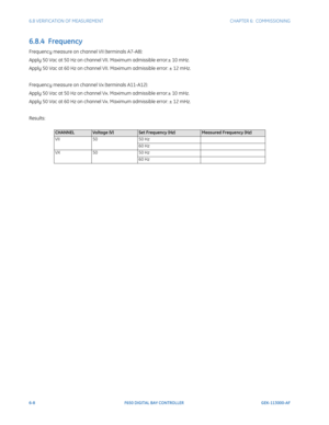 Page 1766-8F650 DIGITAL BAY CONTROLLER GEK-113000-AF
6.8 VERIFICATION OF MEASUREMENT CHAPTER 6:  COMMISSIONING
6.8.4  Frequency
Frequency measure on channel VII (terminals A7-A8):
Apply 50 Vac at 50 Hz on channel VI I. Maximum admissible error:± 10 mHz.
Apply 50 Vac at 60 Hz on channel VII. Maximum admissible error: ± 12 mHz.
Frequency measure on channel Vx (terminals A11-A12):
Apply 50 Vac at 50 Hz on channel Vx . Maximum admissible error:± 10 mHz.
Apply 50 Vac at 60 Hz on channel Vx. Maximum admissible error:...