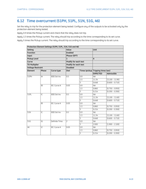 Page 181CHAPTER 6:  COMMISSIONING6.12 TIME OVERCURRENT (51PH, 51PL, 51N, 51G, 46)
GEK-113000-AF F650 DIGITAL BAY CONTROLLER 6-13
6.12   Time overcurrent (51PH, 51PL, 51N, 51G, 46)
Set the relay to trip for the protection element being tested. Configure any of the outputs to be activated only by the 
protection element being tested.
Apply 0.9 times the Pickup current and check that the relay does not trip.
Apply 1.5 times the Pickup current. The relay should trip according to the time corresponding to its set...