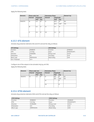 Page 183CHAPTER 6:  COMMISSIONING6.13 DIRECTIONAL ELEMENTS (67P, 67N, 67G, 67SG)
GEK-113000-AF F650 DIGITAL BAY CONTROLLER 6-15
Apply the following tests:
6.13.3  67G element
Activate only protection elements 50G and 67G and set the relay as follows:
Configure one of the outputs to be activated only by unit 50G.
Apply the following tests:
6.13.4  67SG element
Activate only protection elements 50SG and 67SG and set the relay as follows:
ElementsPhase under testPolarization PhaseElement trip...