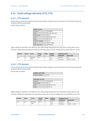 Page 185CHAPTER 6:  COMMISSIONING6.14 UNDERVOLTAGE ELEMENTS (27P, 27X)
GEK-113000-AFF650 DIGITAL BAY CONTROLLER 6-17
6.14   Undervoltage elements (27P, 27X) 
6.14.1  27P element
Set the relay to trip for the protection element being tested. Configure any of the outputs to be activated only by the 
protection element being tested.
Set the relay as follows:
Apply voltage as indicated on the table over the undervoltage setting level and verify that the relay does not trip.
Decrease voltage level gradually and...